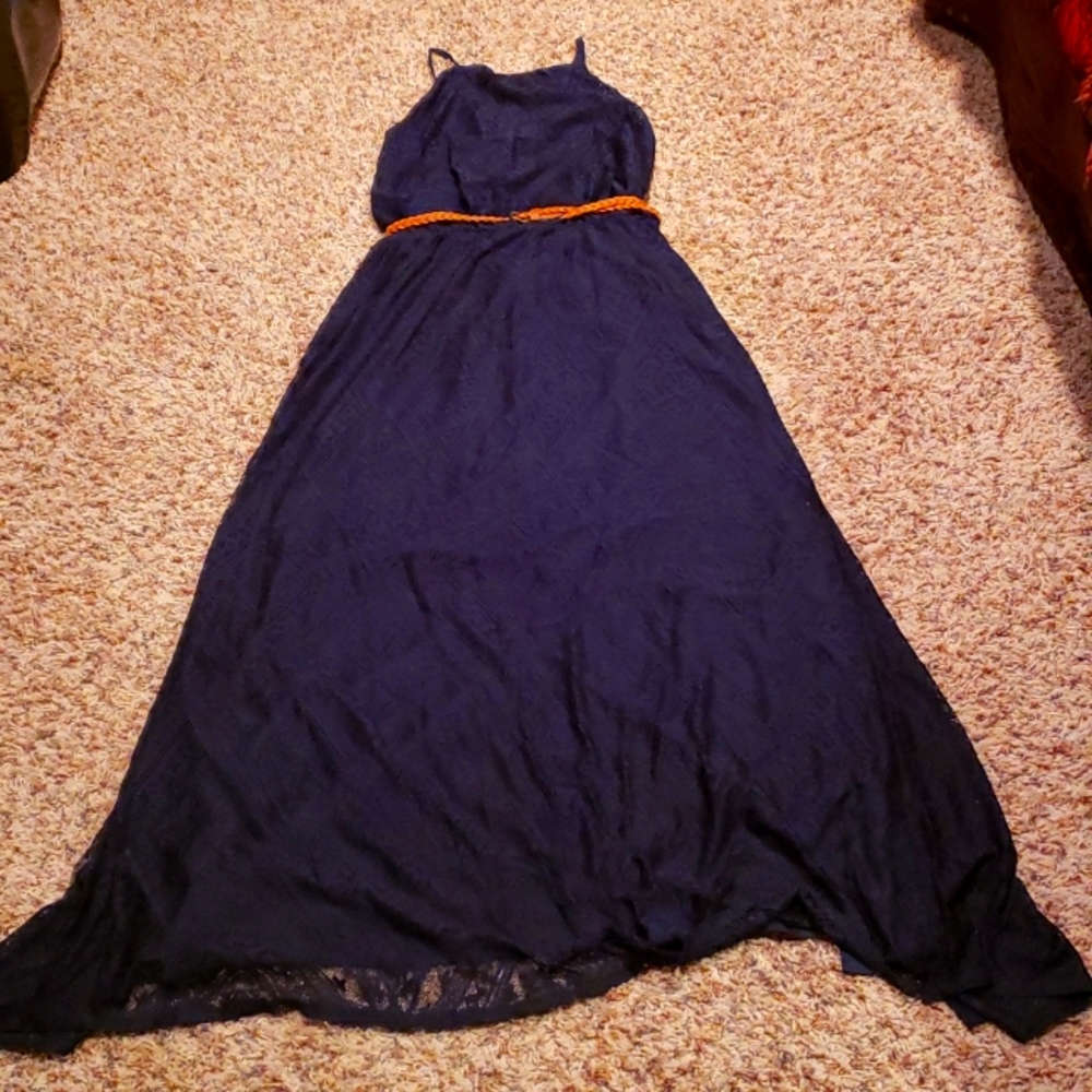 Navy Blue maxi dress with lace type overlay and Polyester/spandex lining